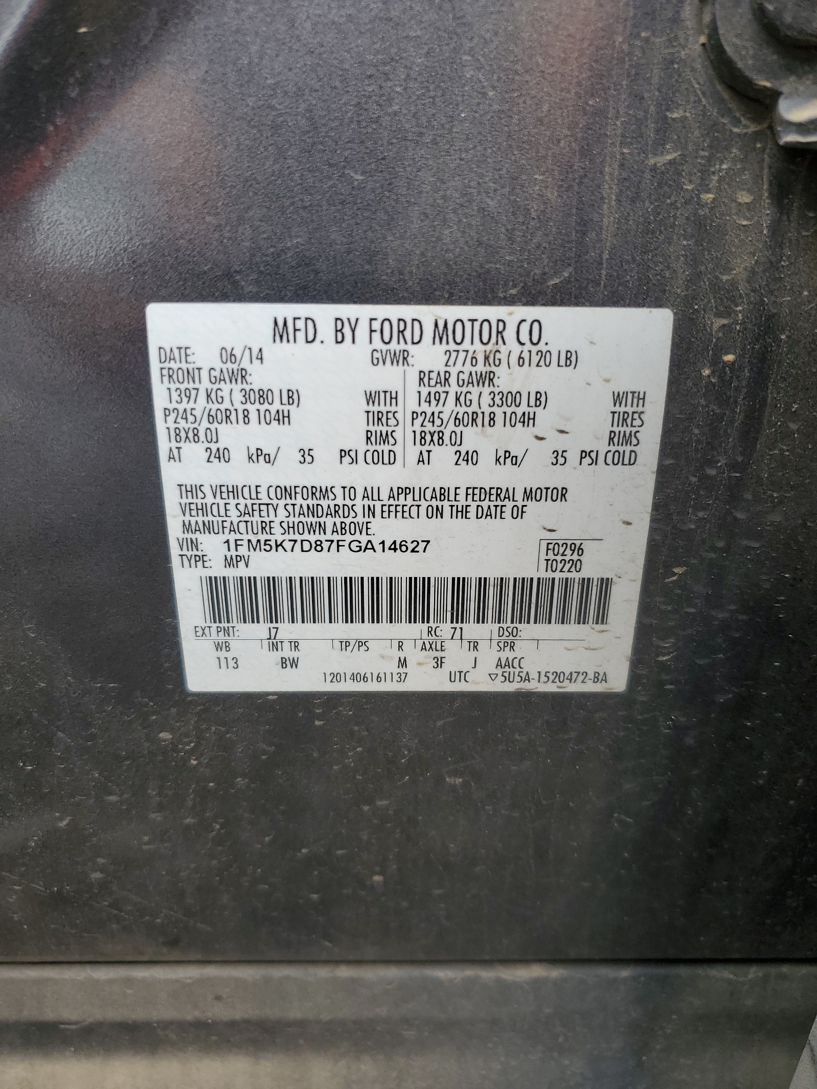 1FM5K7D87FGA14627 2015 Ford Explorer Xlt