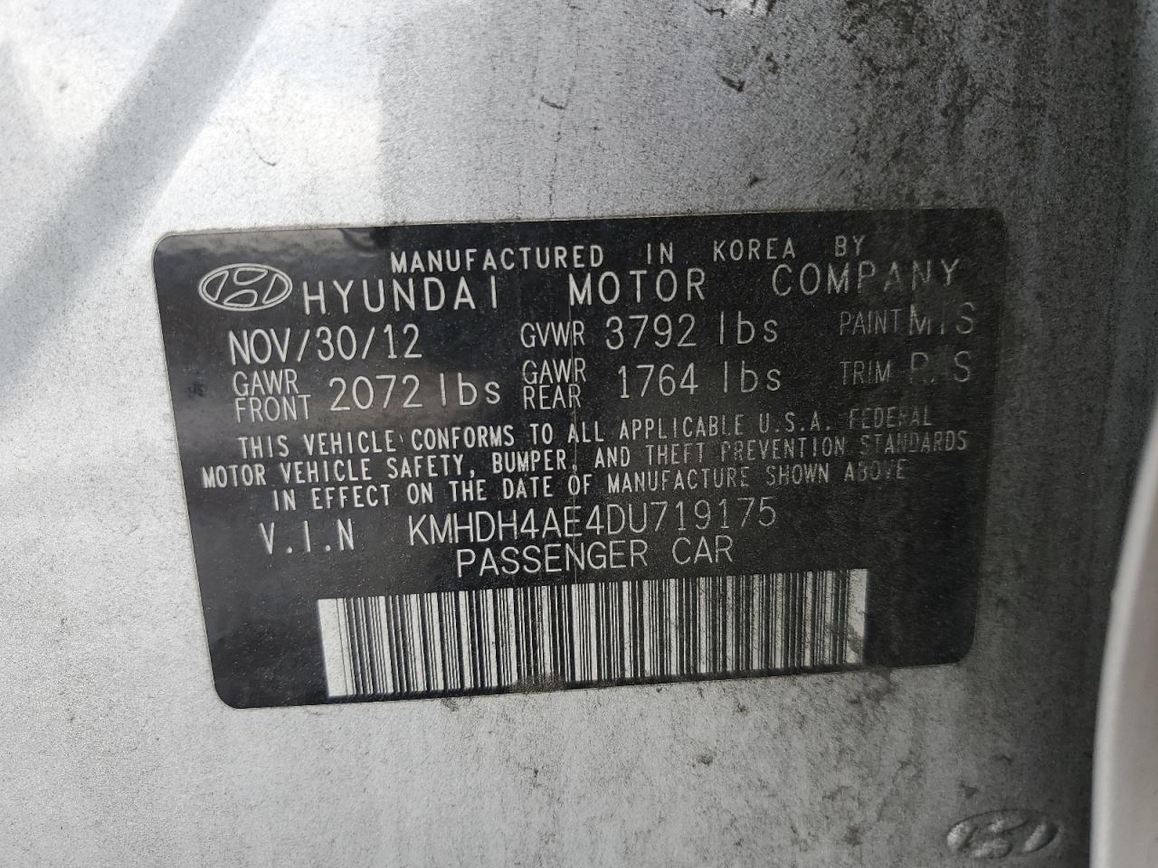 2013 Hyundai Elantra Gls VIN: KMHDH4AE4DU719175 Lot: 62437304