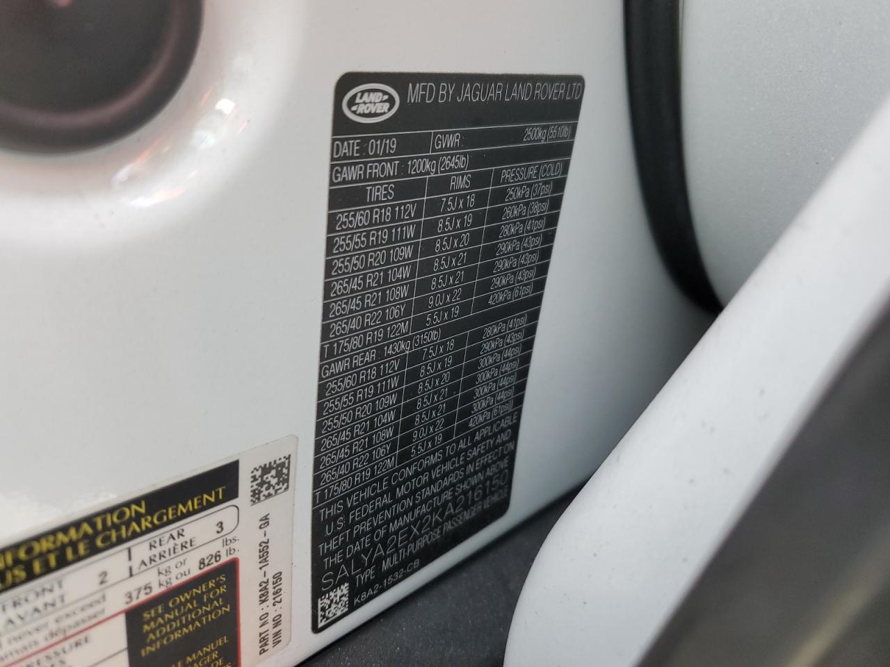 2019 Land Rover Range Rover Velar VIN: SALYA2EX2KA216150 Lot: 62896404