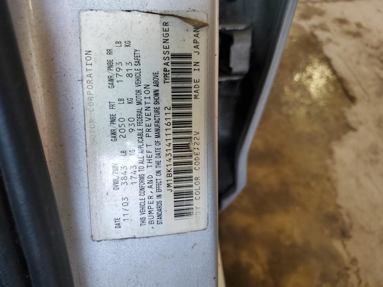 2004 Mazda 3 Hatchback VIN: JM1BK143141116112 Lot: 65053924