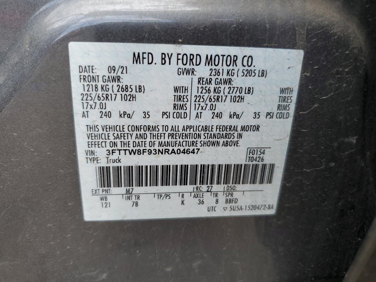 3FTTW8F93NRA04647 2022 Ford Maverick Xl