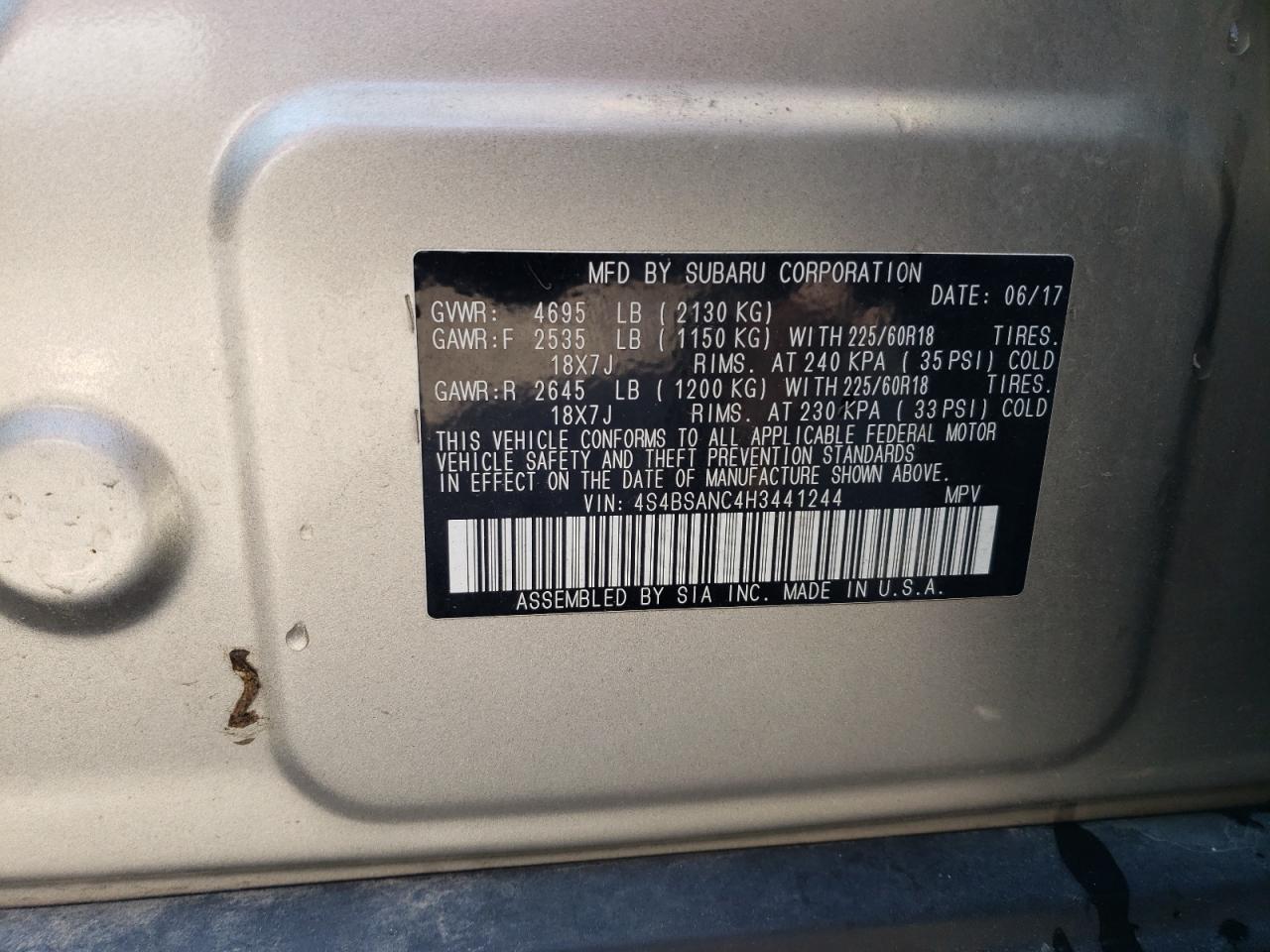 2017 Subaru Outback 2.5I Limited VIN: 4S4BSANC4H3441244 Lot: 61733834