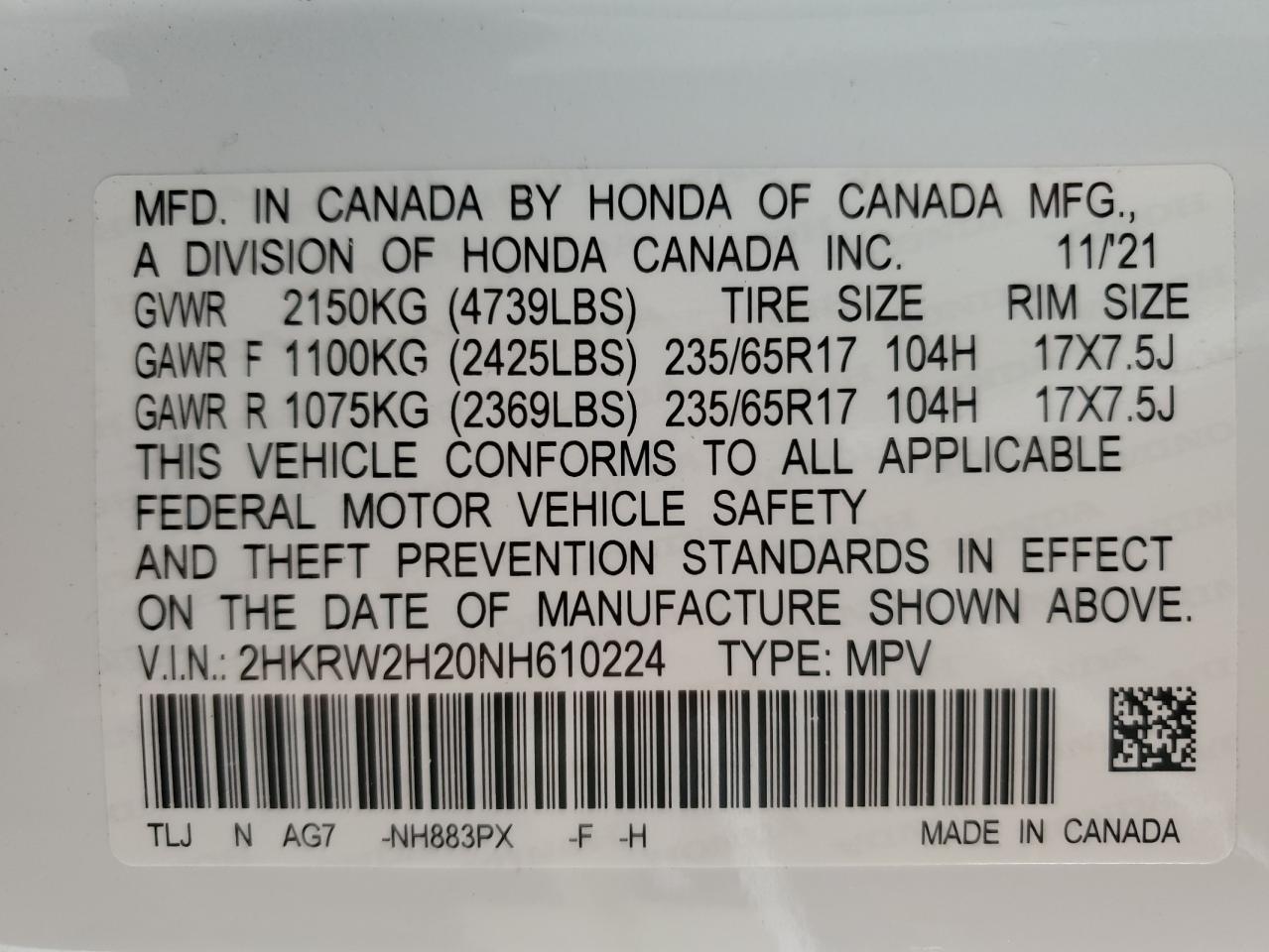 2022 Honda Cr-V Lx VIN: 2HKRW2H20NH610224 Lot: 63721764