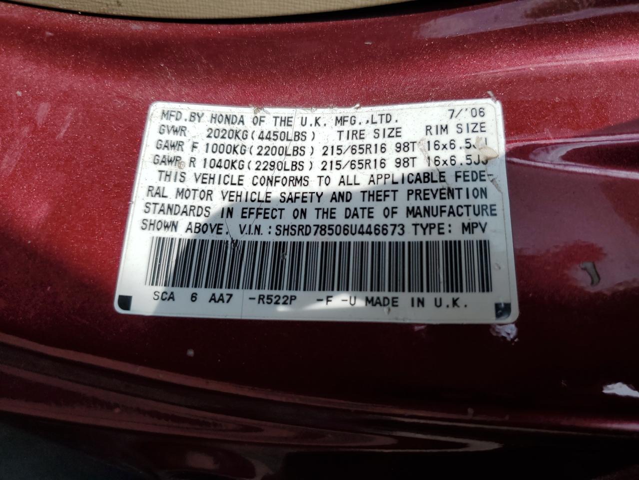 2006 Honda Cr-V Lx VIN: SHSRD78506U446673 Lot: 62462904