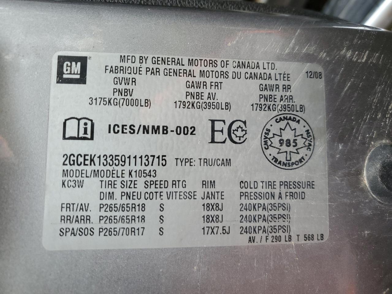 2009 Chevrolet Silverado K1500 VIN: 2GCEK133591113715 Lot: 62460324