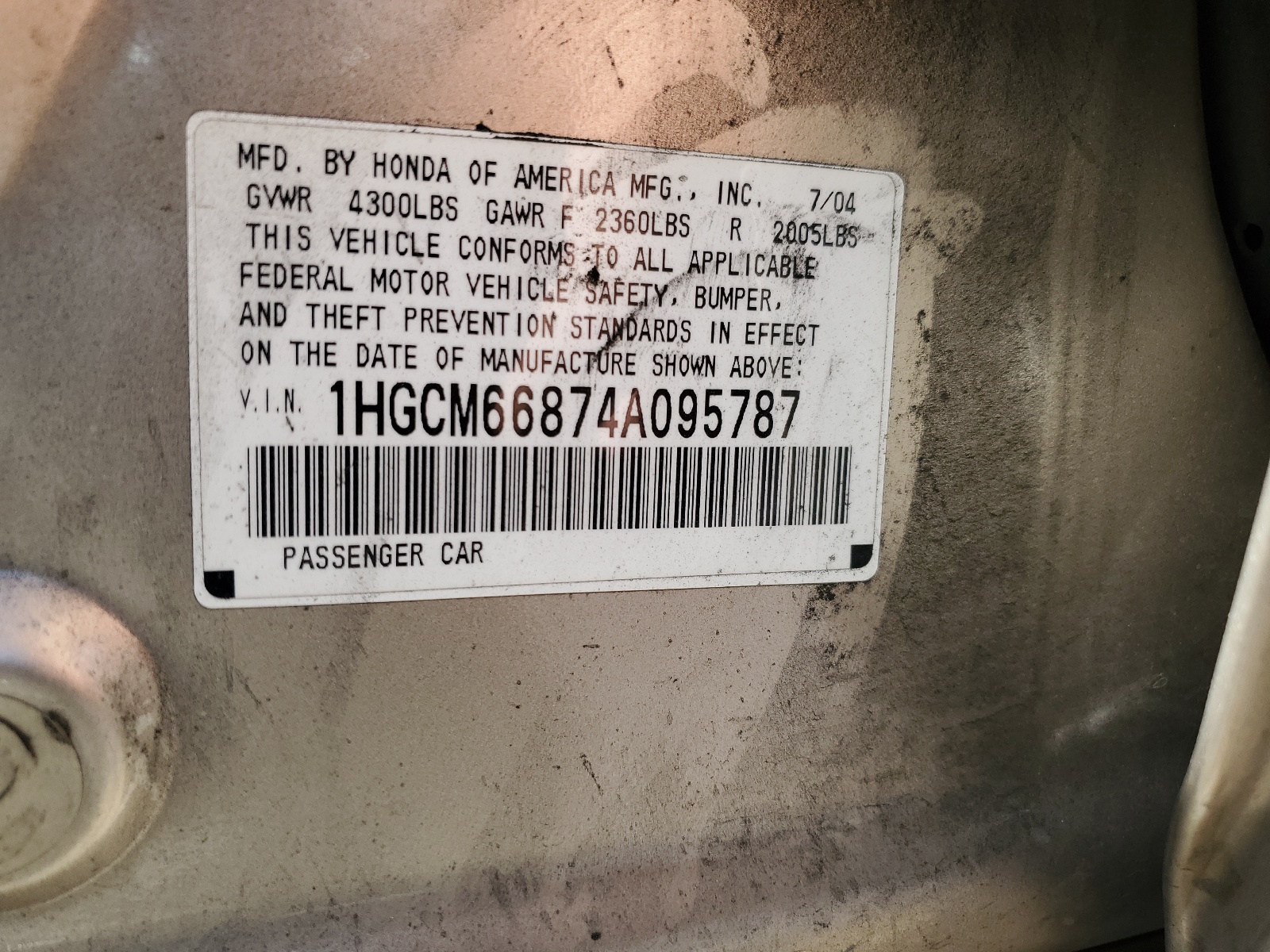 1HGCM66874A095787 2004 Honda Accord Ex