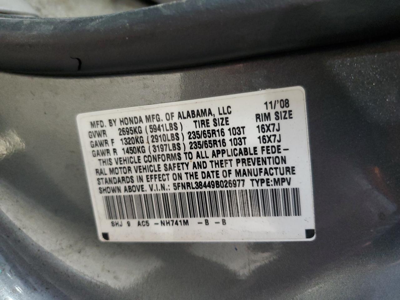 2009 Honda Odyssey Ex VIN: 5FNRL38449B026977 Lot: 64553044