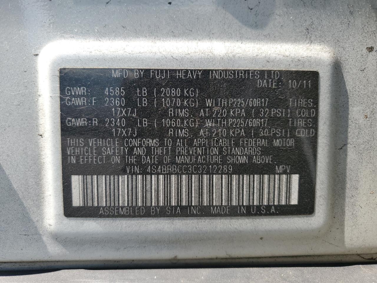 2012 Subaru Outback 2.5I Premium VIN: 4S4BRBCC3C3212289 Lot: 64279364