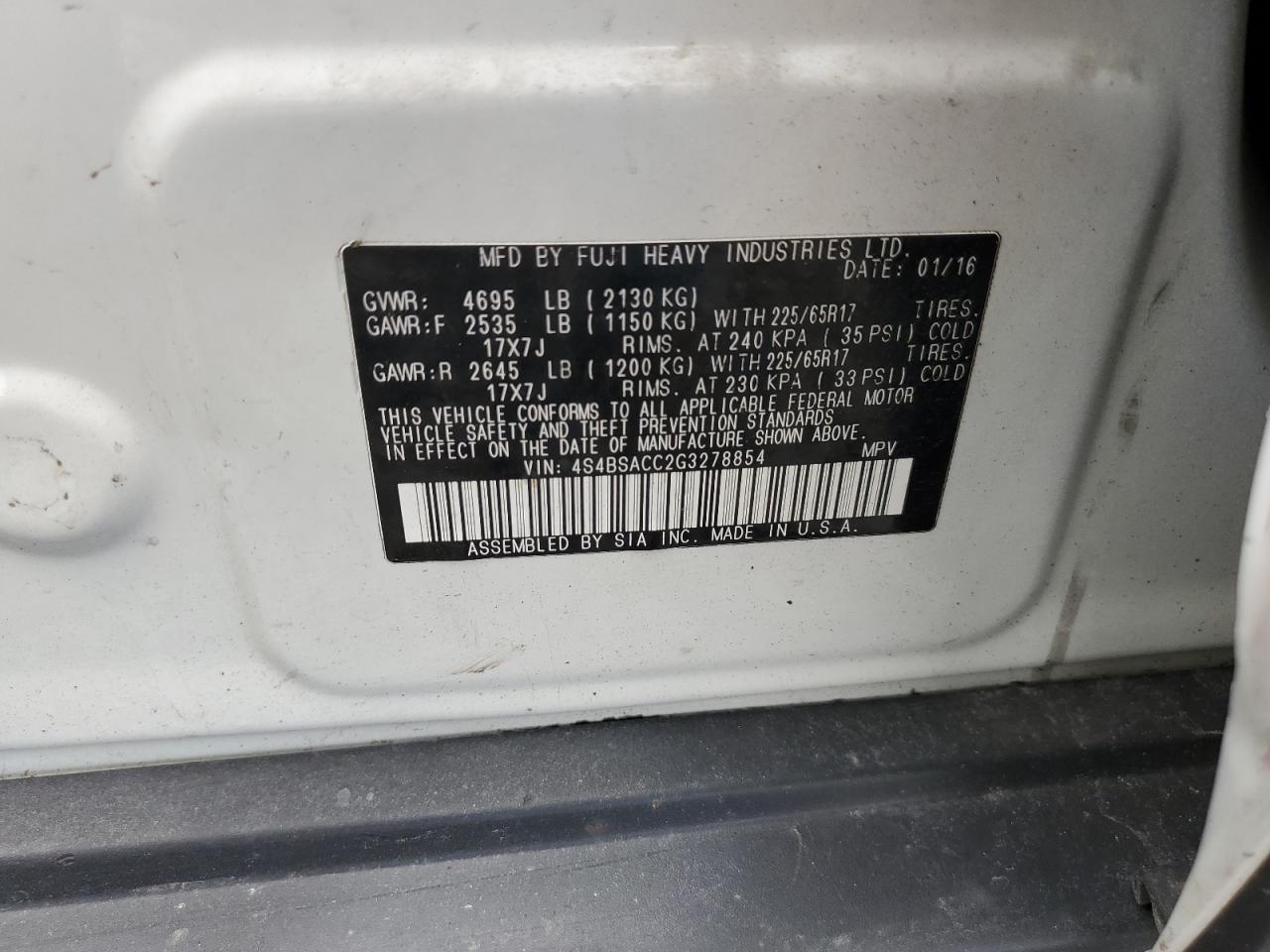 2016 Subaru Outback 2.5I Premium VIN: 4S4BSACC2G3278854 Lot: 62676394