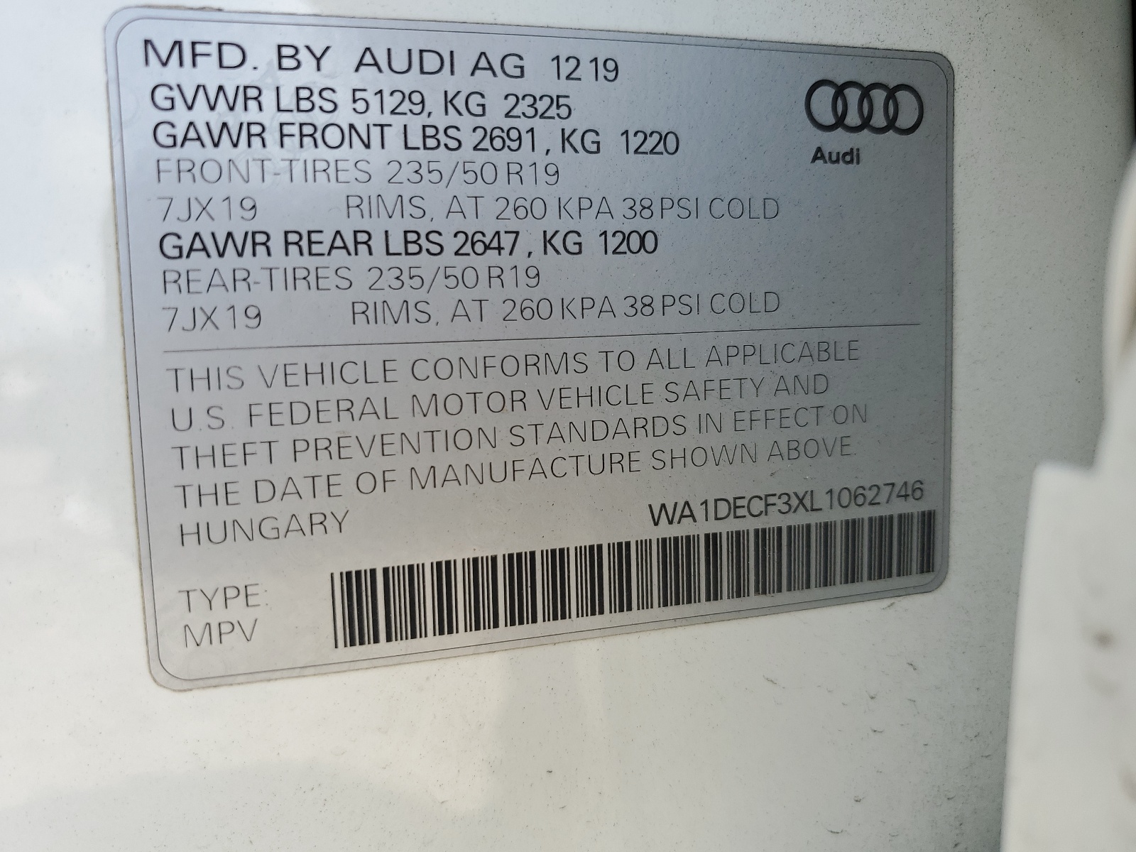 WA1DECF3XL1062746 2020 Audi Q3 Premium S Line