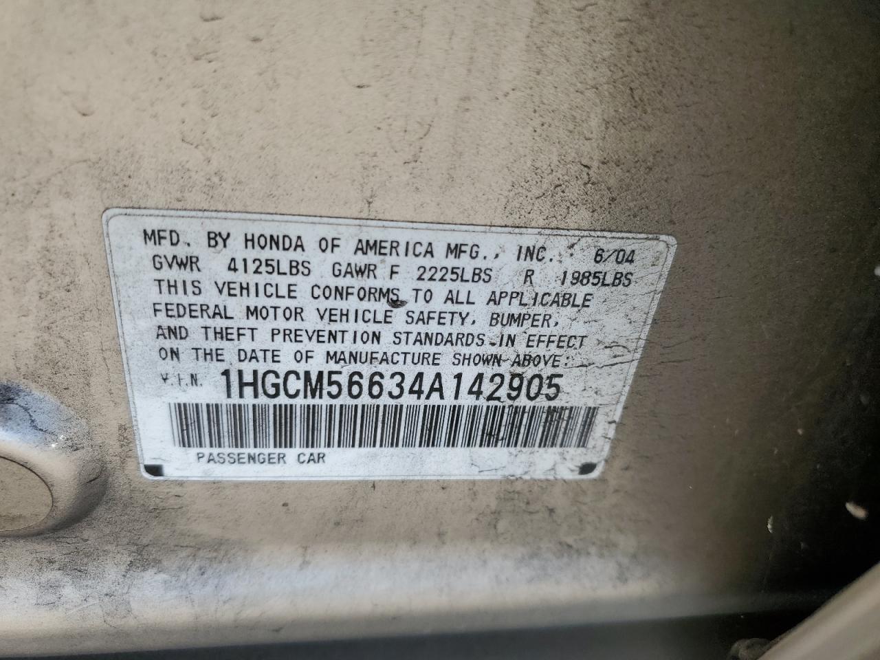 2004 Honda Accord Ex VIN: 1HGCM56634A142905 Lot: 62691804