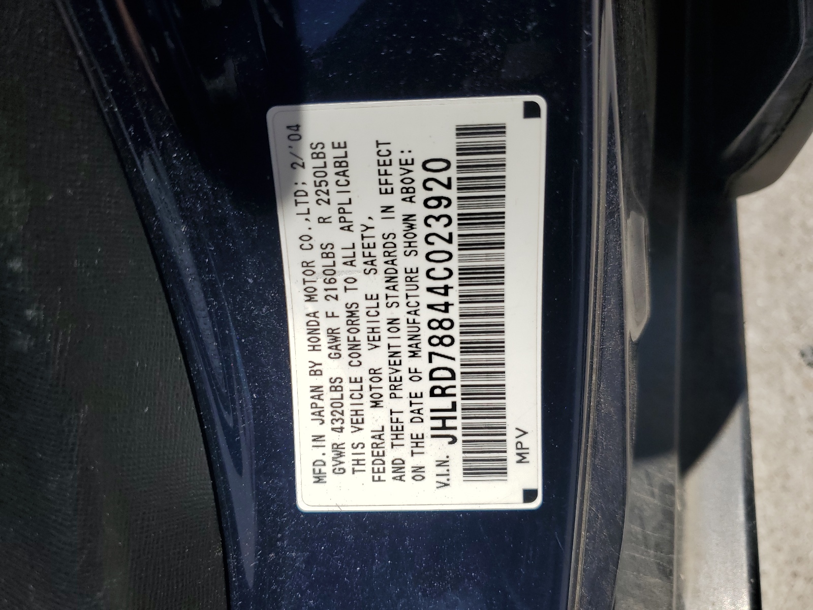 JHLRD78844C023920 2004 Honda Cr-V Ex