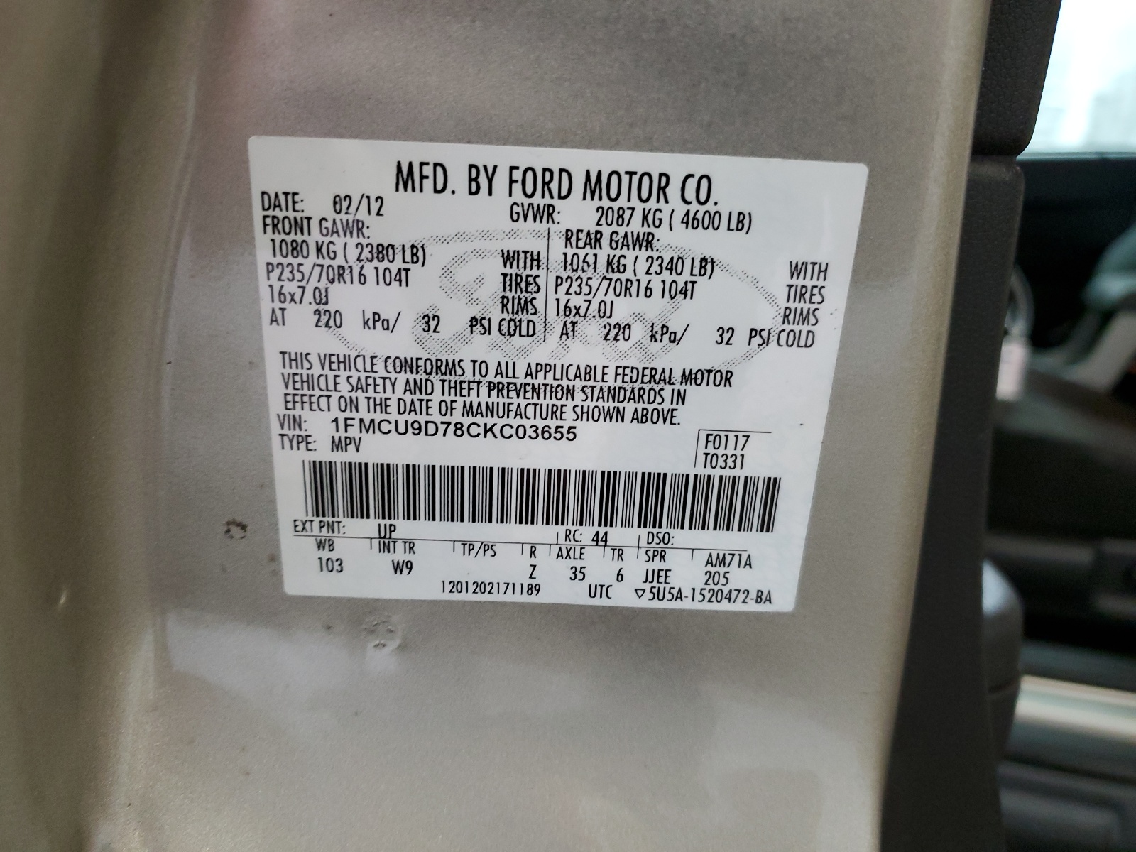 1FMCU9D78CKC03655 2012 Ford Escape Xlt