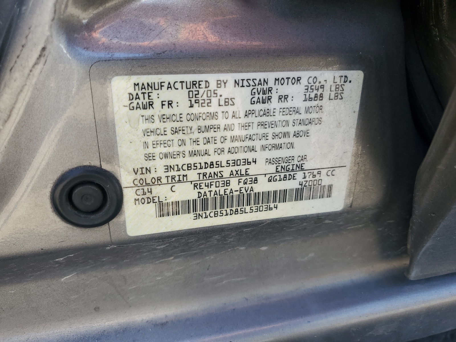 3N1CB51D85L530364 2005 Nissan Sentra 1.8