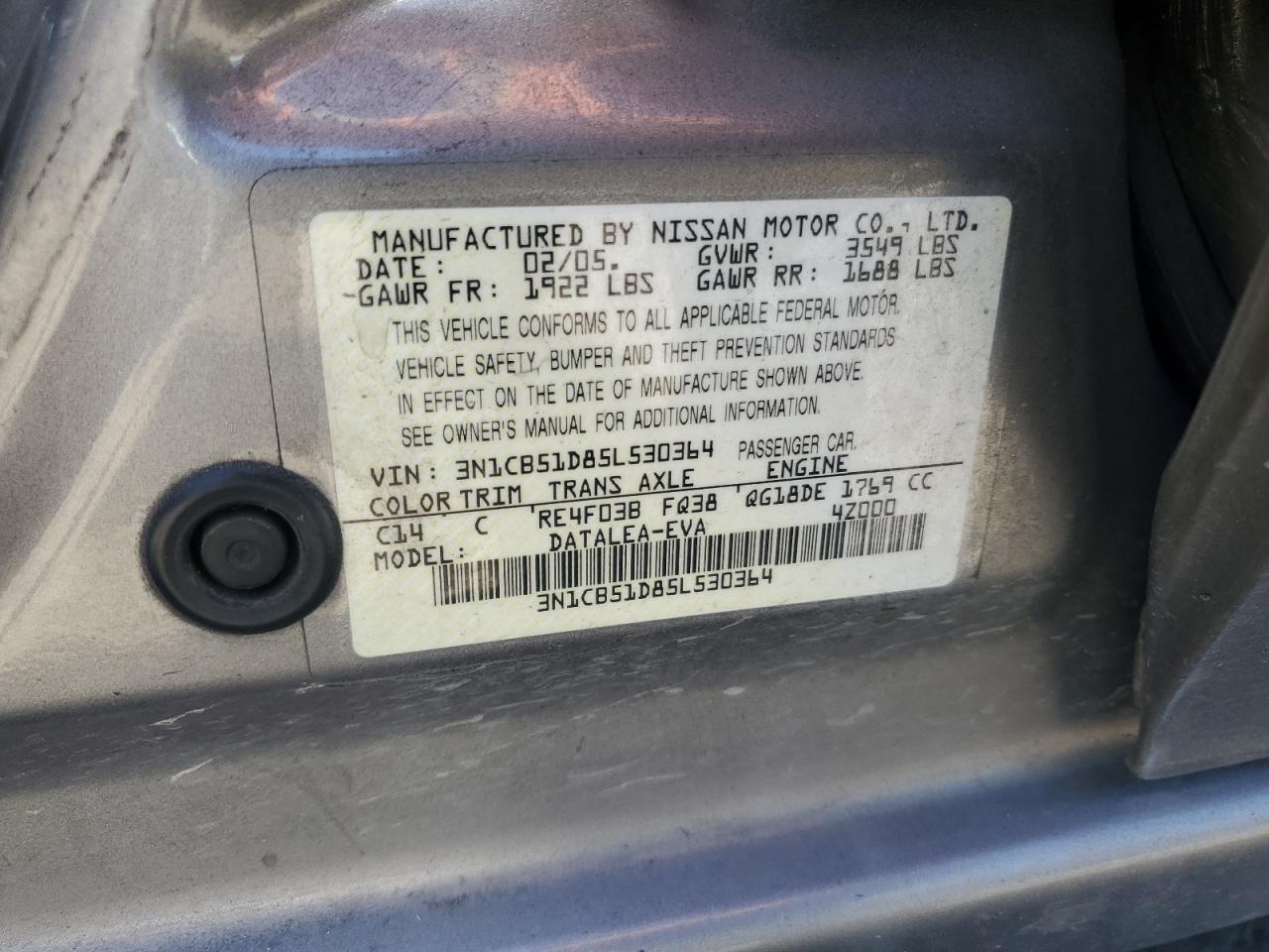 2005 Nissan Sentra 1.8 VIN: 3N1CB51D85L530364 Lot: 63972214