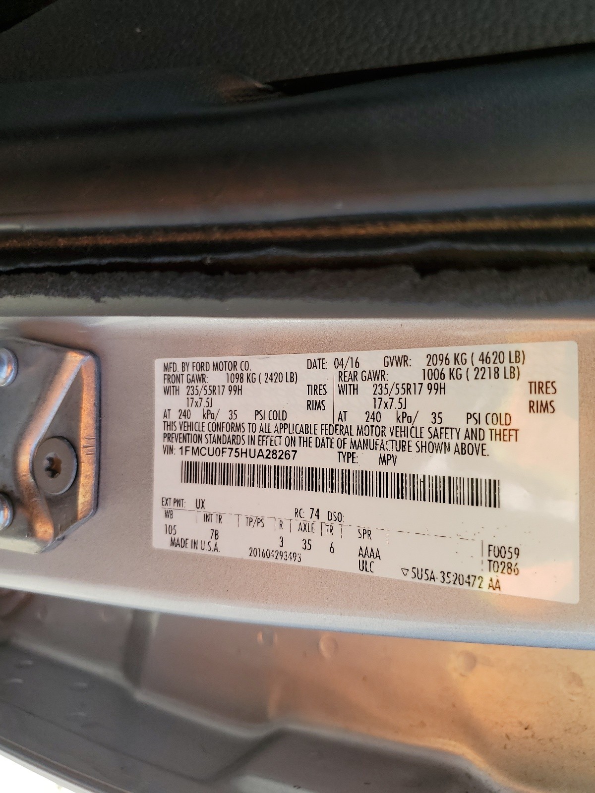 1FMCU0F75HUA28267 2017 Ford Escape S