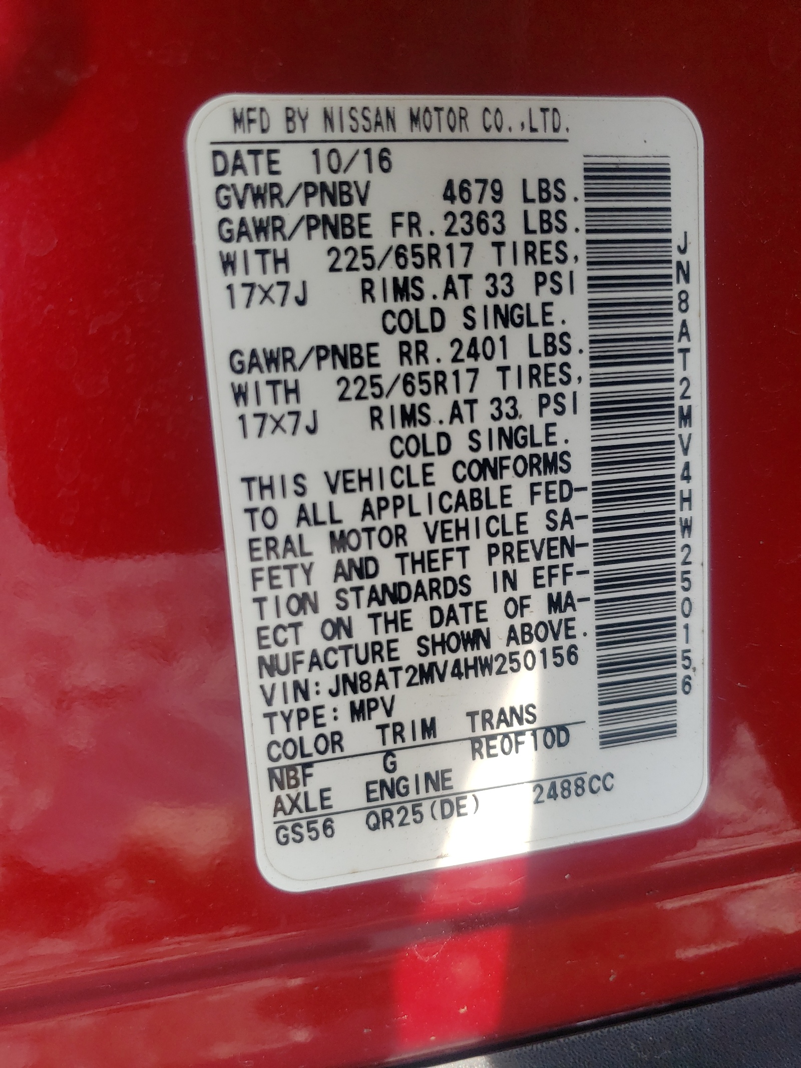 JN8AT2MV4HW250156 2017 Nissan Rogue S