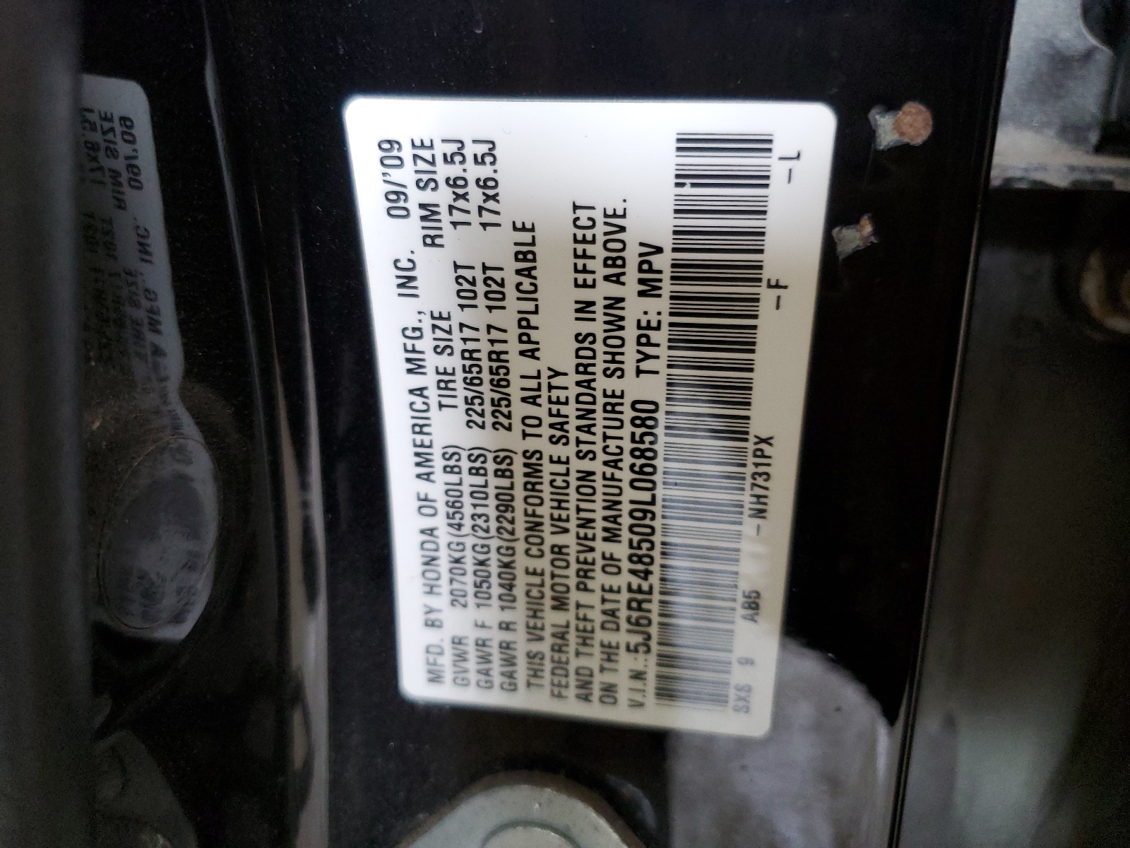 5J6RE48509L068580 2009 Honda Cr-V Ex