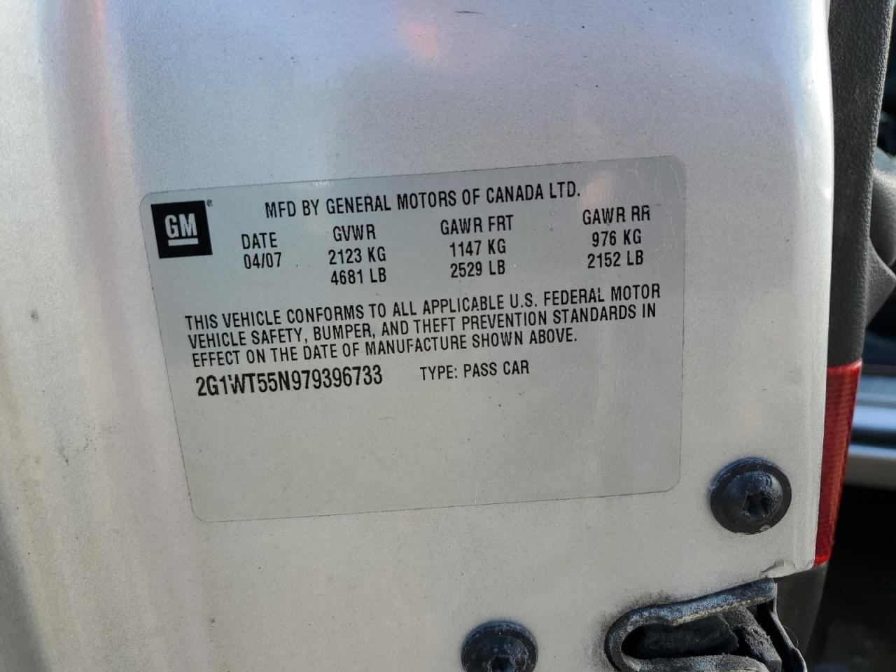 2007 Chevrolet Impala Lt VIN: 2G1WT55N979396733 Lot: 62467014