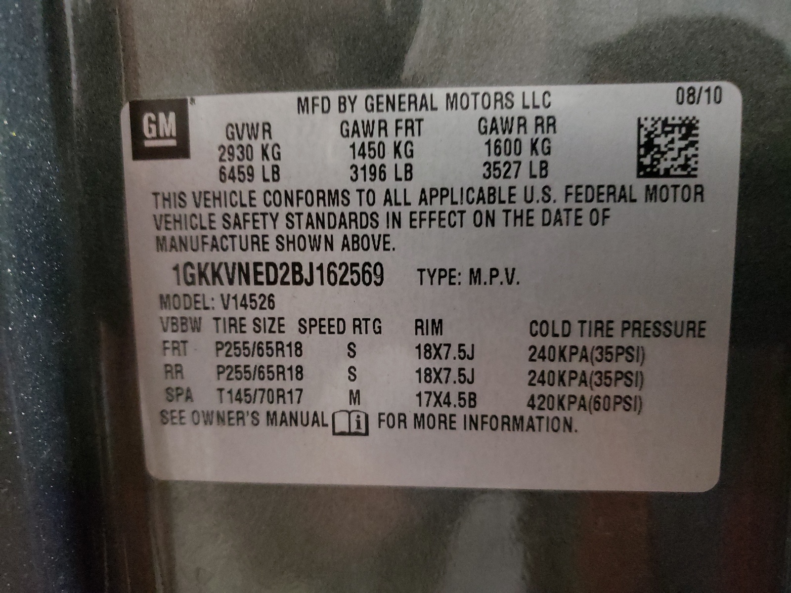 1GKKVNED2BJ162569 2011 GMC Acadia Sle