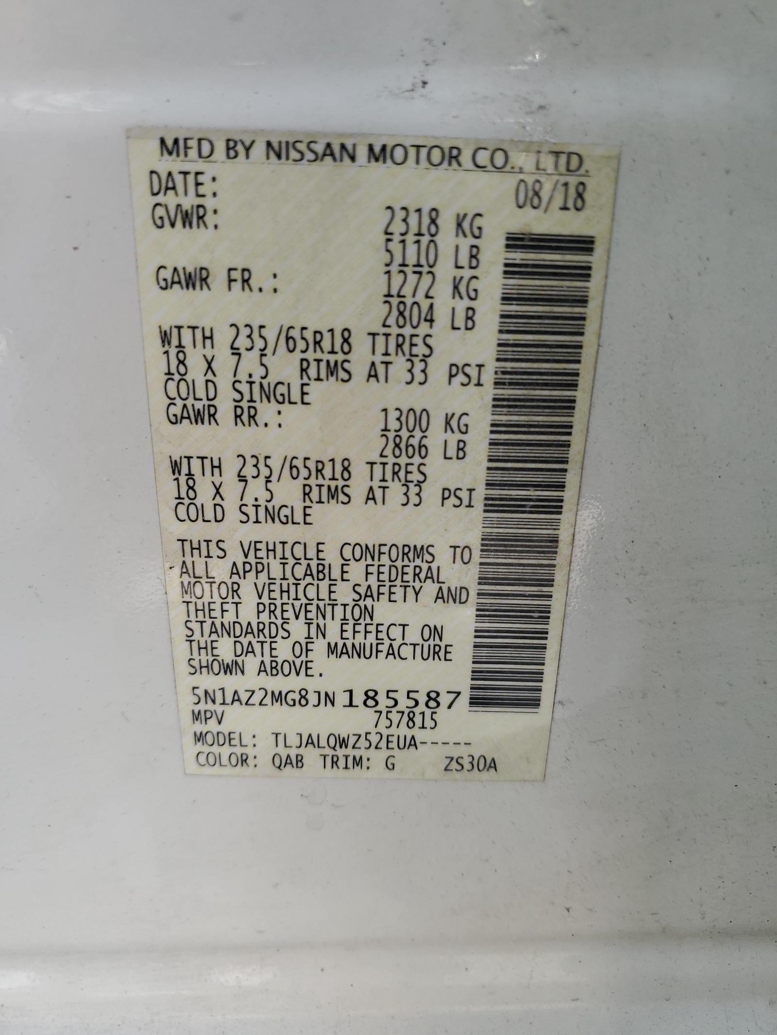 5N1AZ2MG8JN185587 2018 Nissan Murano S