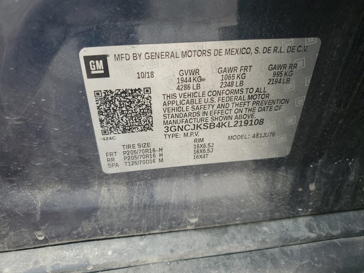 2019 Chevrolet Trax Ls VIN: 3GNCJKSB4KL219108 Lot: 65569224