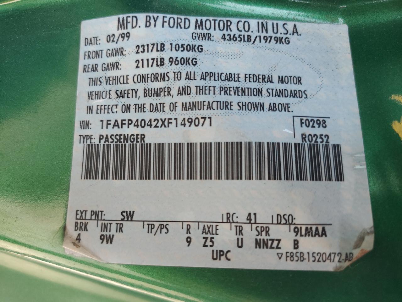 1999 Ford Mustang VIN: 1FAFP4042XF149071 Lot: 62819214