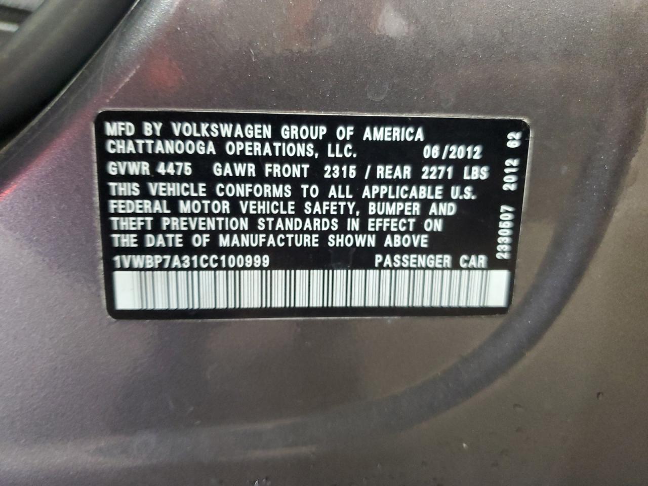 2012 Volkswagen Passat Se VIN: 1VWBP7A31CC100999 Lot: 63491204