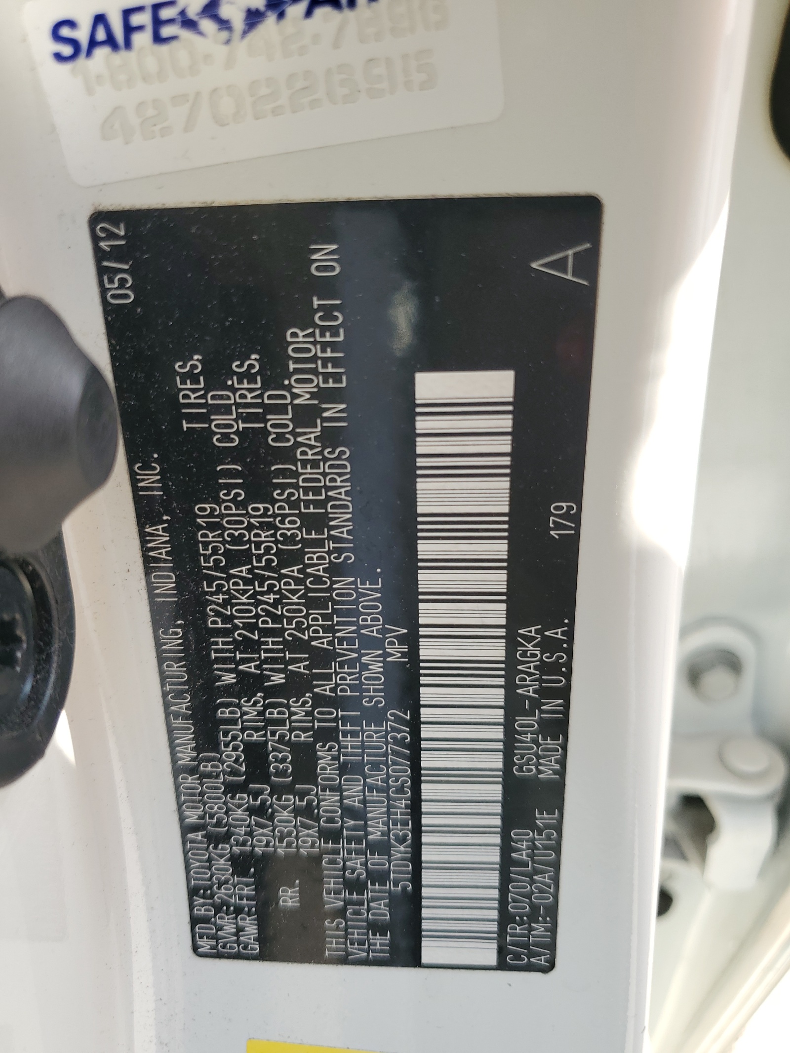 5TDYK3EH4CS077372 2012 Toyota Highlander Limited