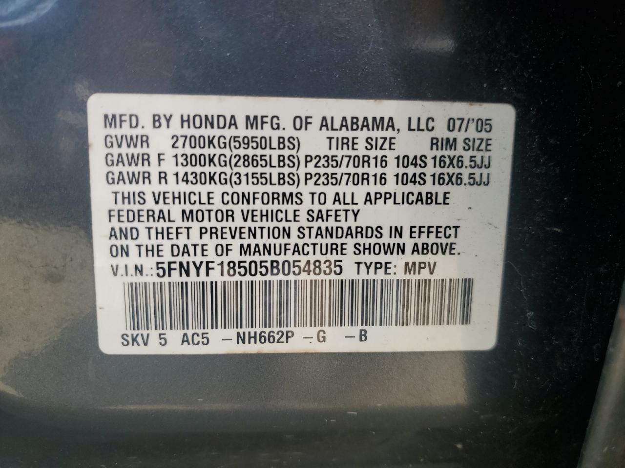 2005 Honda Pilot Exl VIN: 5FNYF18505B054835 Lot: 61073074