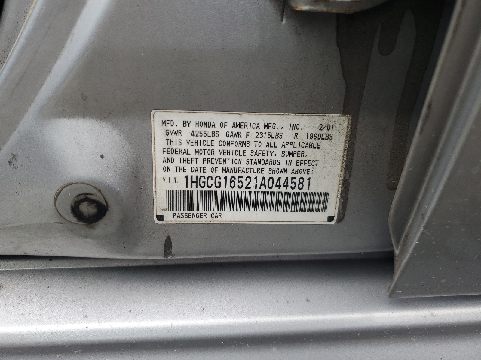 1HGCG16521A044581 2001 Honda Accord Ex