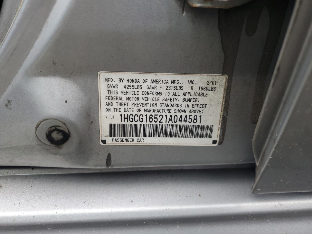 2001 Honda Accord Ex VIN: 1HGCG16521A044581 Lot: 63529934