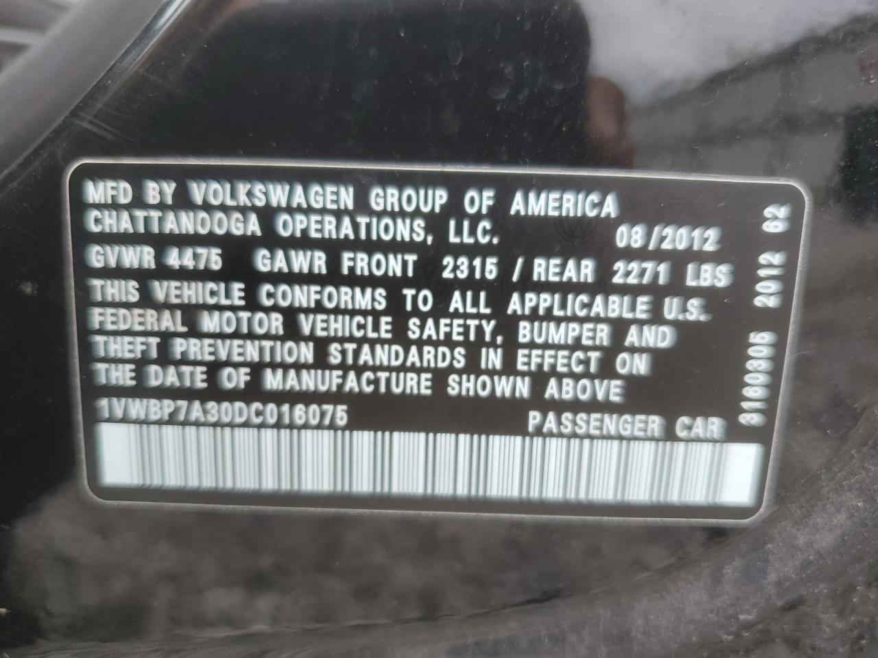 2013 Volkswagen Passat Se VIN: 1VWBP7A30DC016075 Lot: 65068364