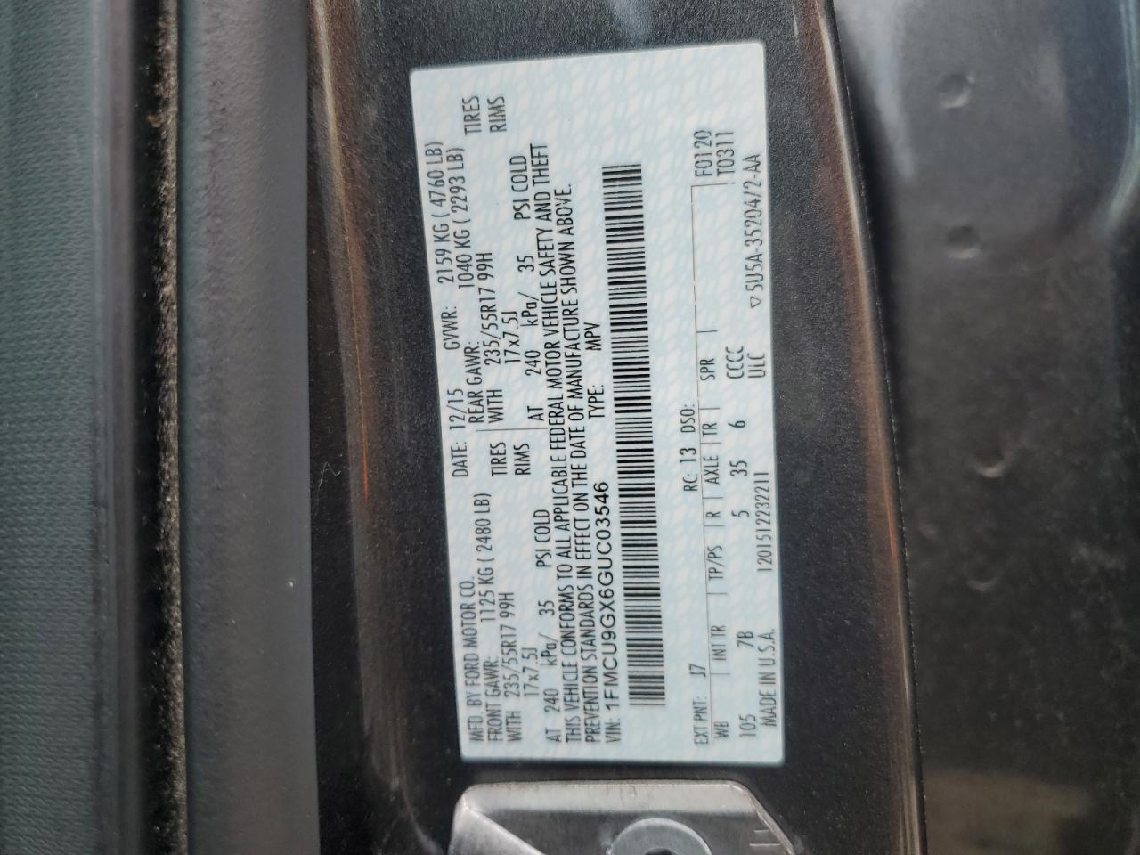 2016 Ford Escape Se VIN: 1FMCU9GX6GUC03546 Lot: 64861014