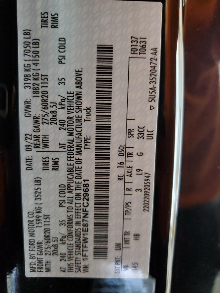 2022 Ford F150 Supercrew VIN: 1FTFW1E87NFC29681 Lot: 62234544