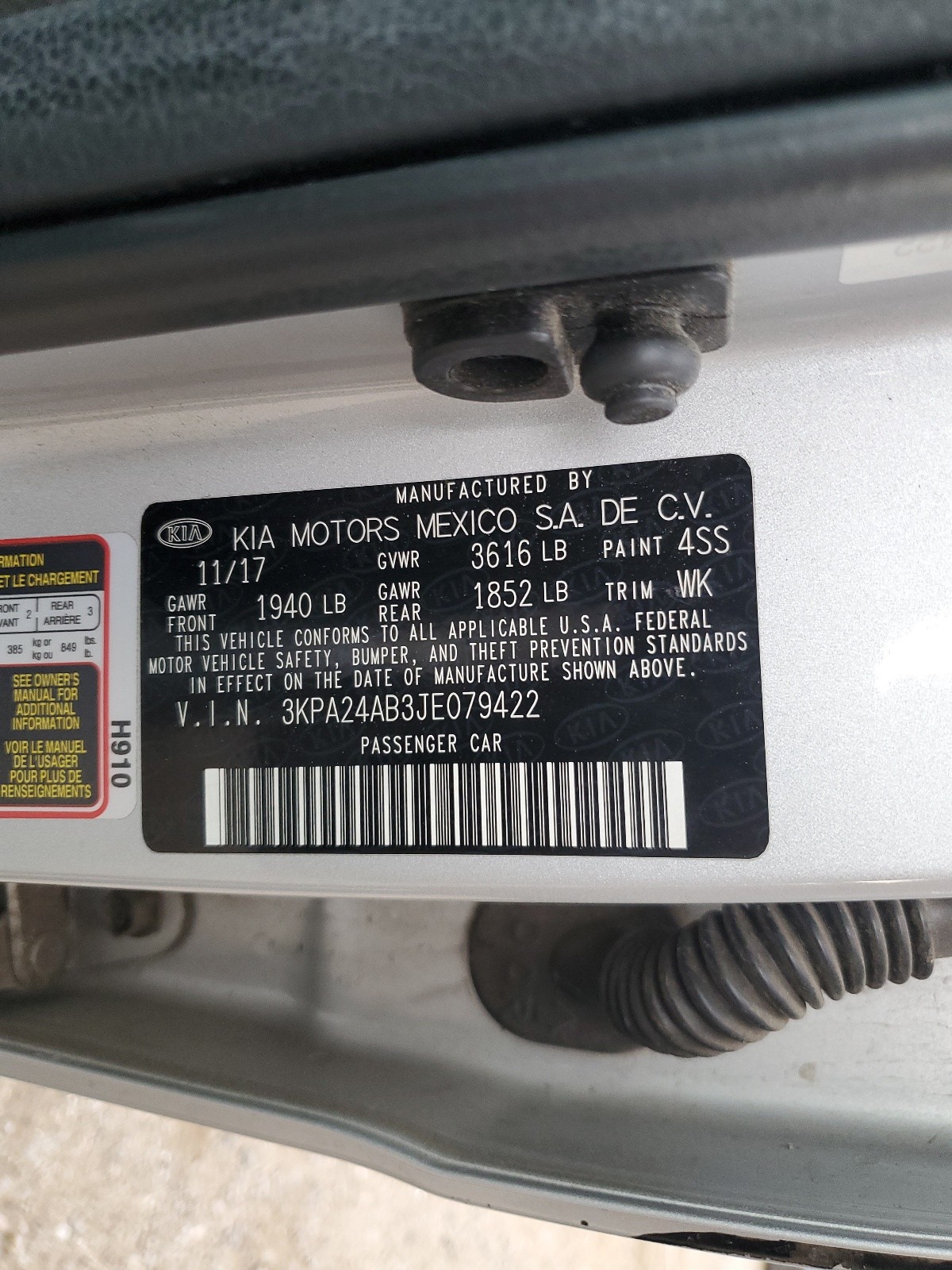 3KPA24AB3JE079422 2018 Kia Rio Lx