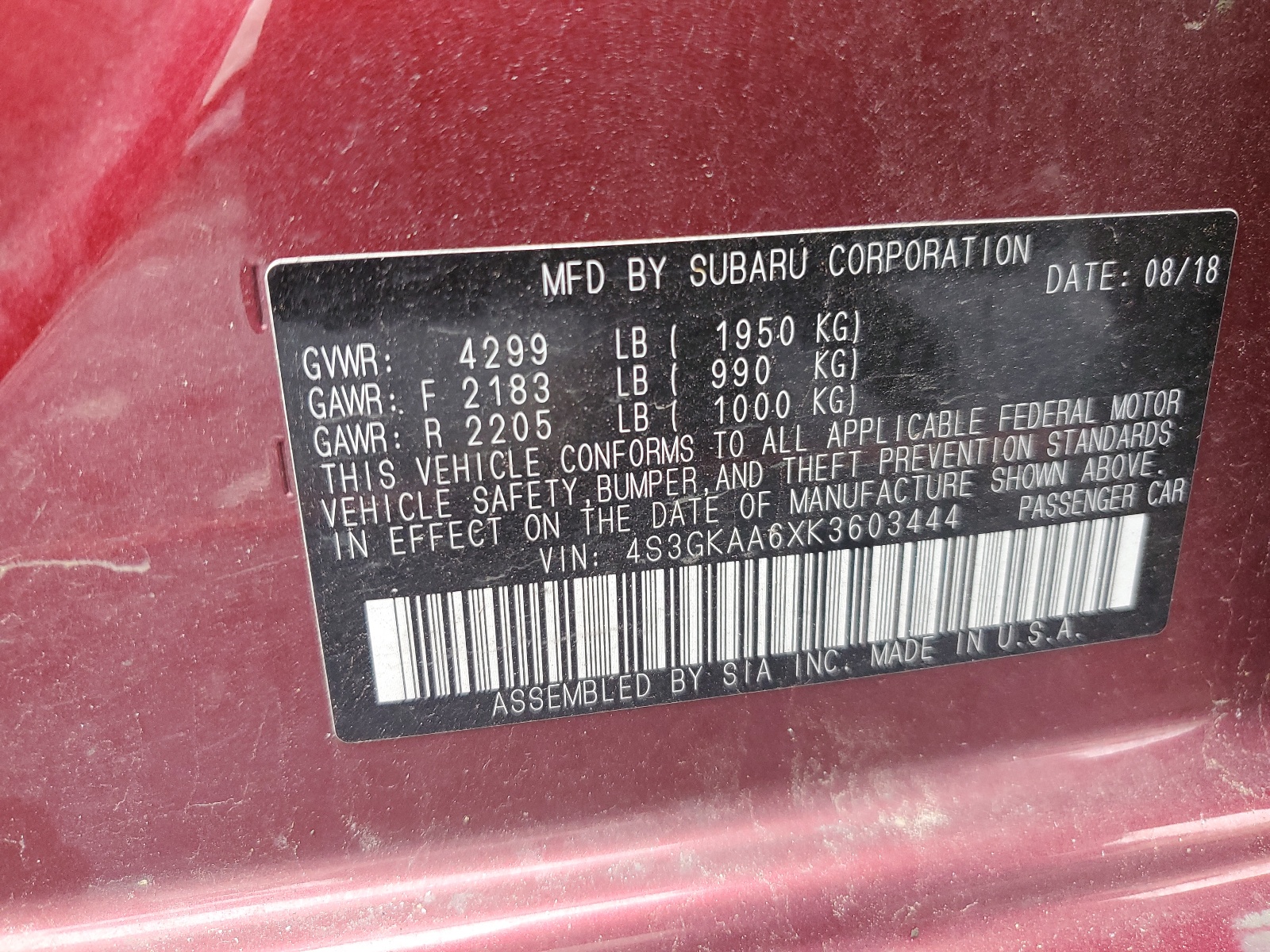 4S3GKAA6XK3603444 2019 Subaru Impreza