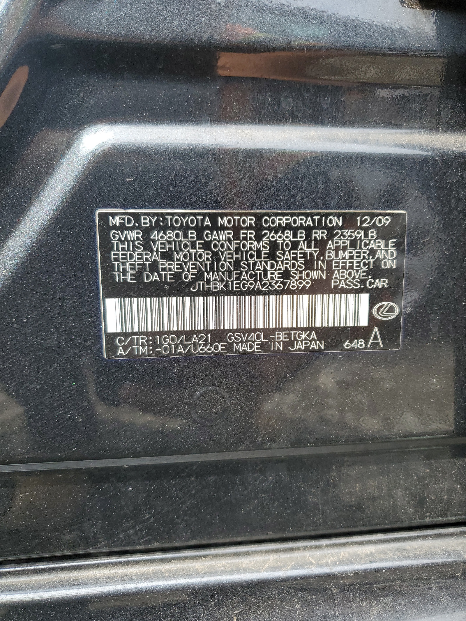 JTHBK1EG9A2367899 2010 Lexus Es 350