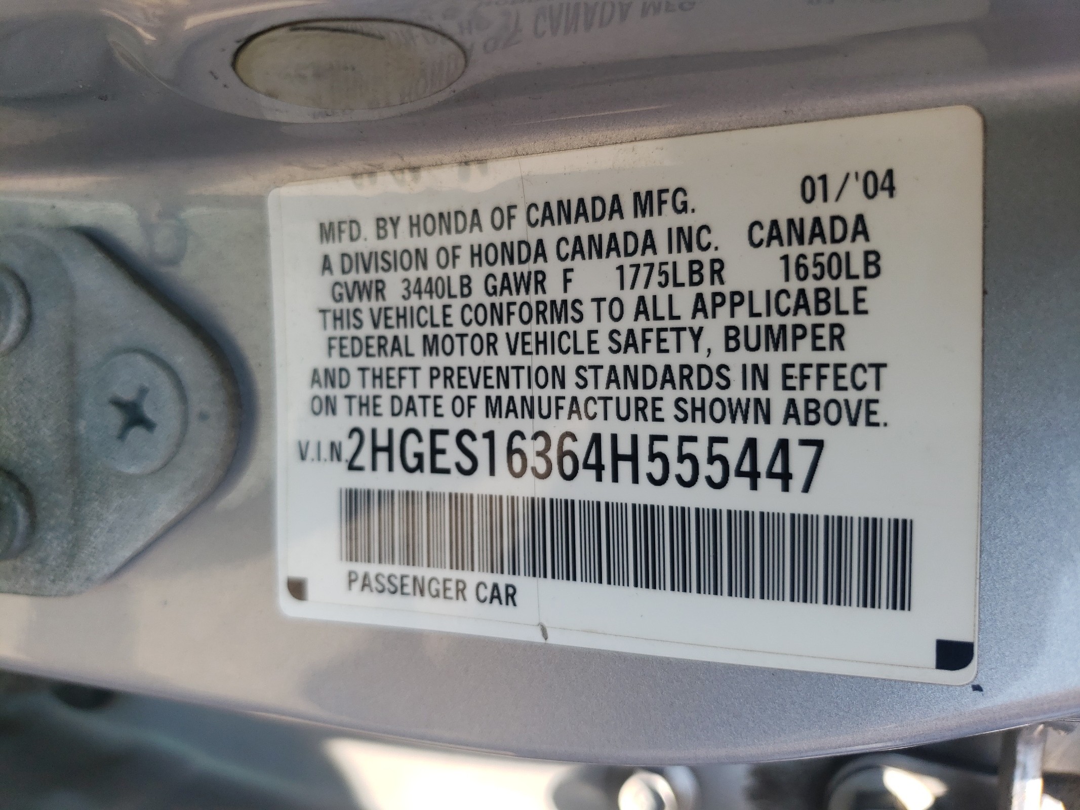 2HGES16364H555447 2004 Honda Civic Dx Vp