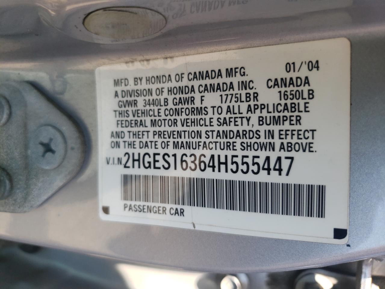 2004 Honda Civic Dx Vp VIN: 2HGES16364H555447 Lot: 63178954