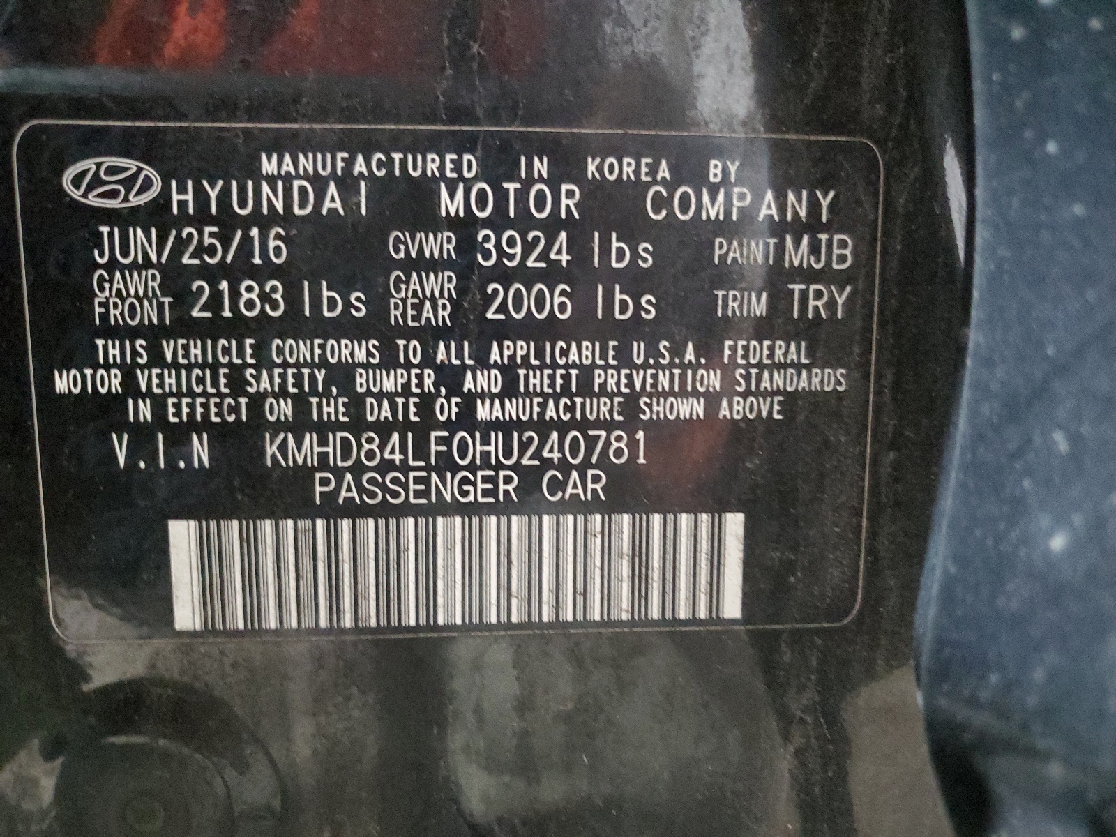 KMHD84LF0HU240781 2017 Hyundai Elantra Se