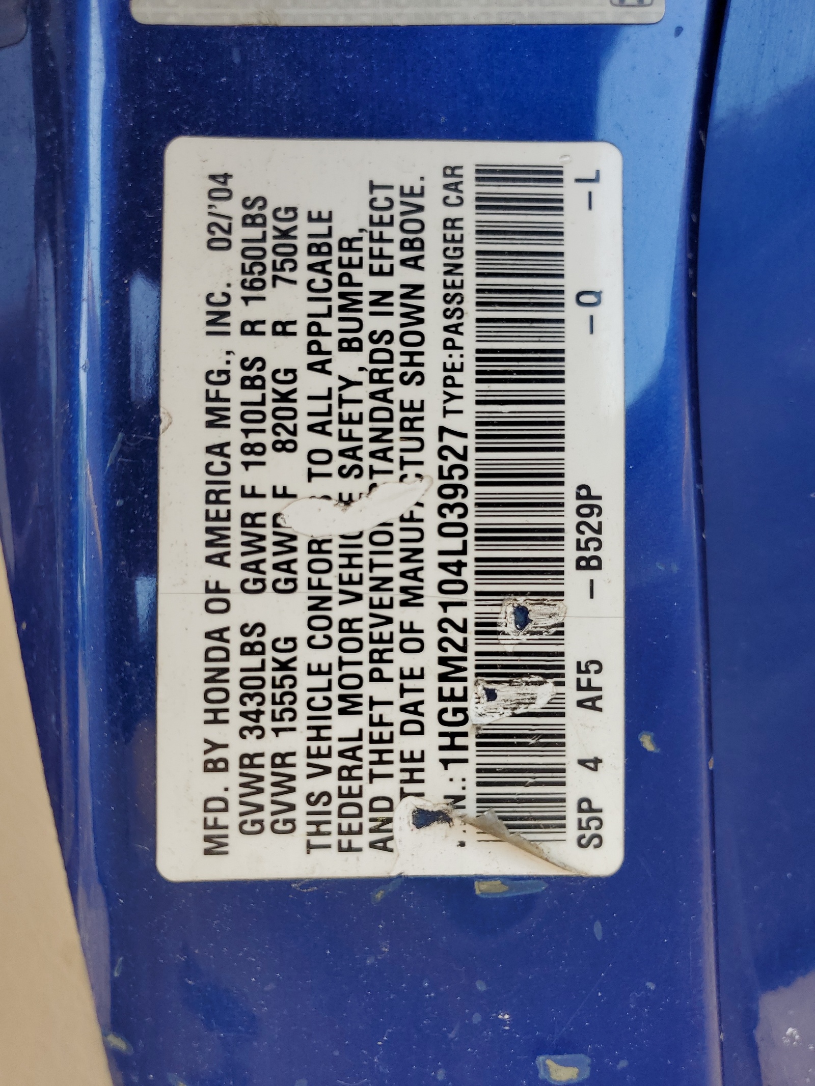 1HGEM22104L039527 2004 Honda Civic Dx Vp