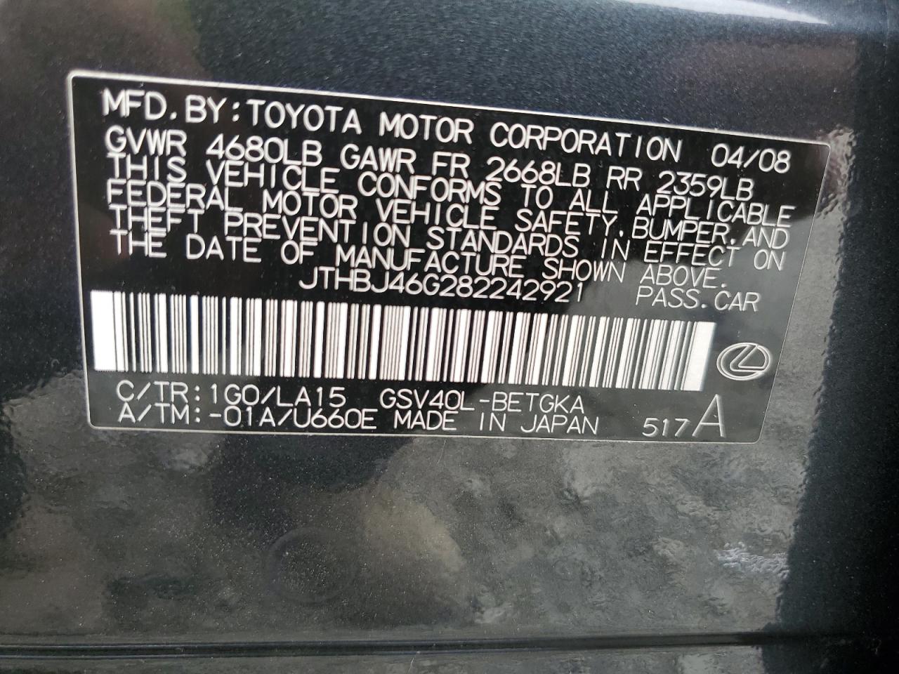 2008 Lexus Es 350 VIN: JTHBJ46G282242921 Lot: 65203204