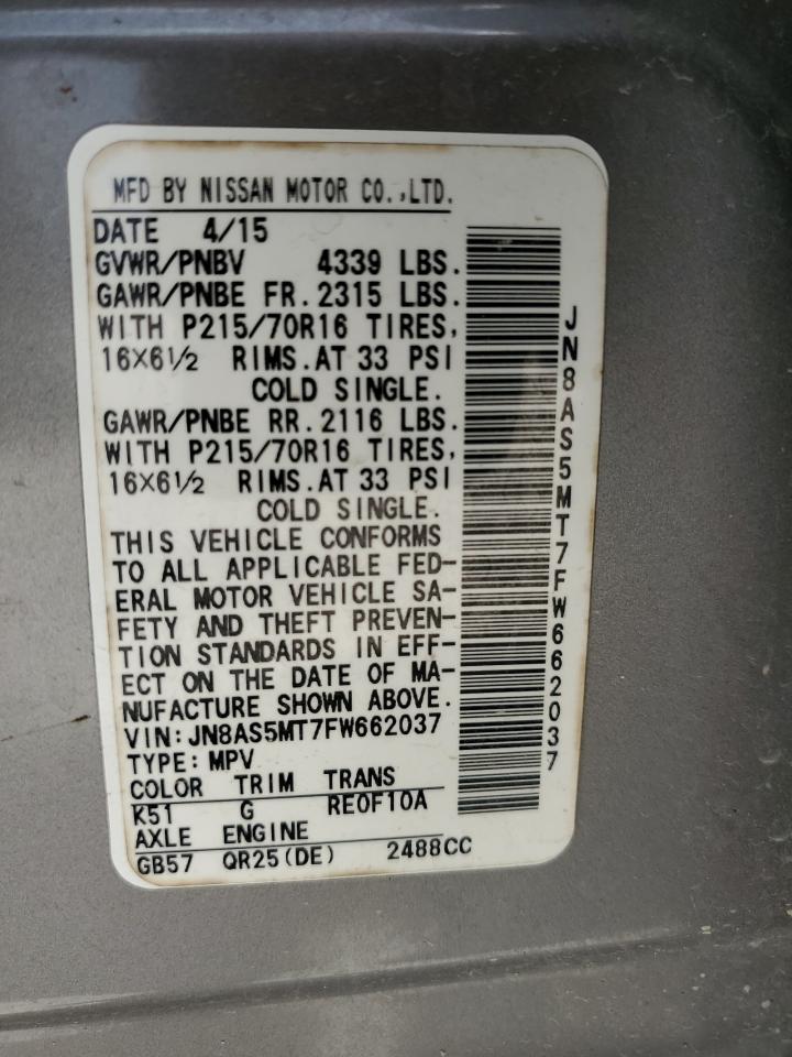 2015 Nissan Rogue Select S VIN: JN8AS5MT7FW662037 Lot: 61515264