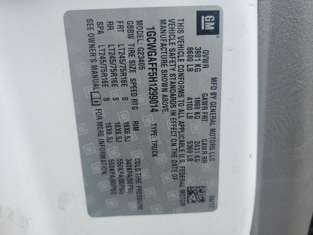 2017 Chevrolet Express G2500 VIN: 1GCWGAFF5H1299014 Lot: 63800144