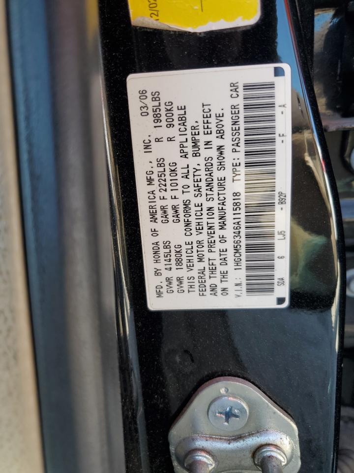 2006 Honda Accord Se VIN: 1HGCM56346A115818 Lot: 64086114