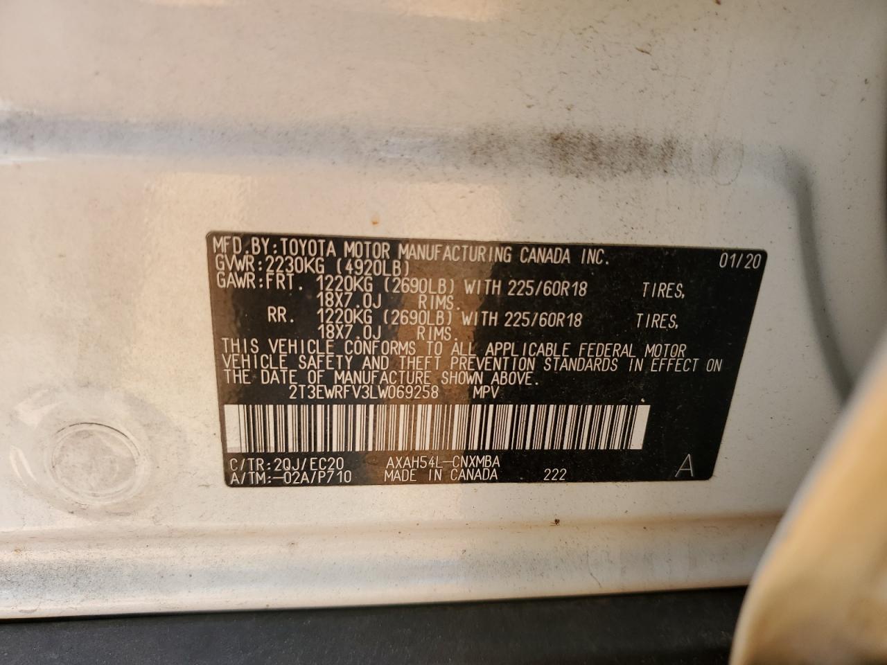 2T3EWRFV3LW069258 2020 Toyota Rav4 Xse