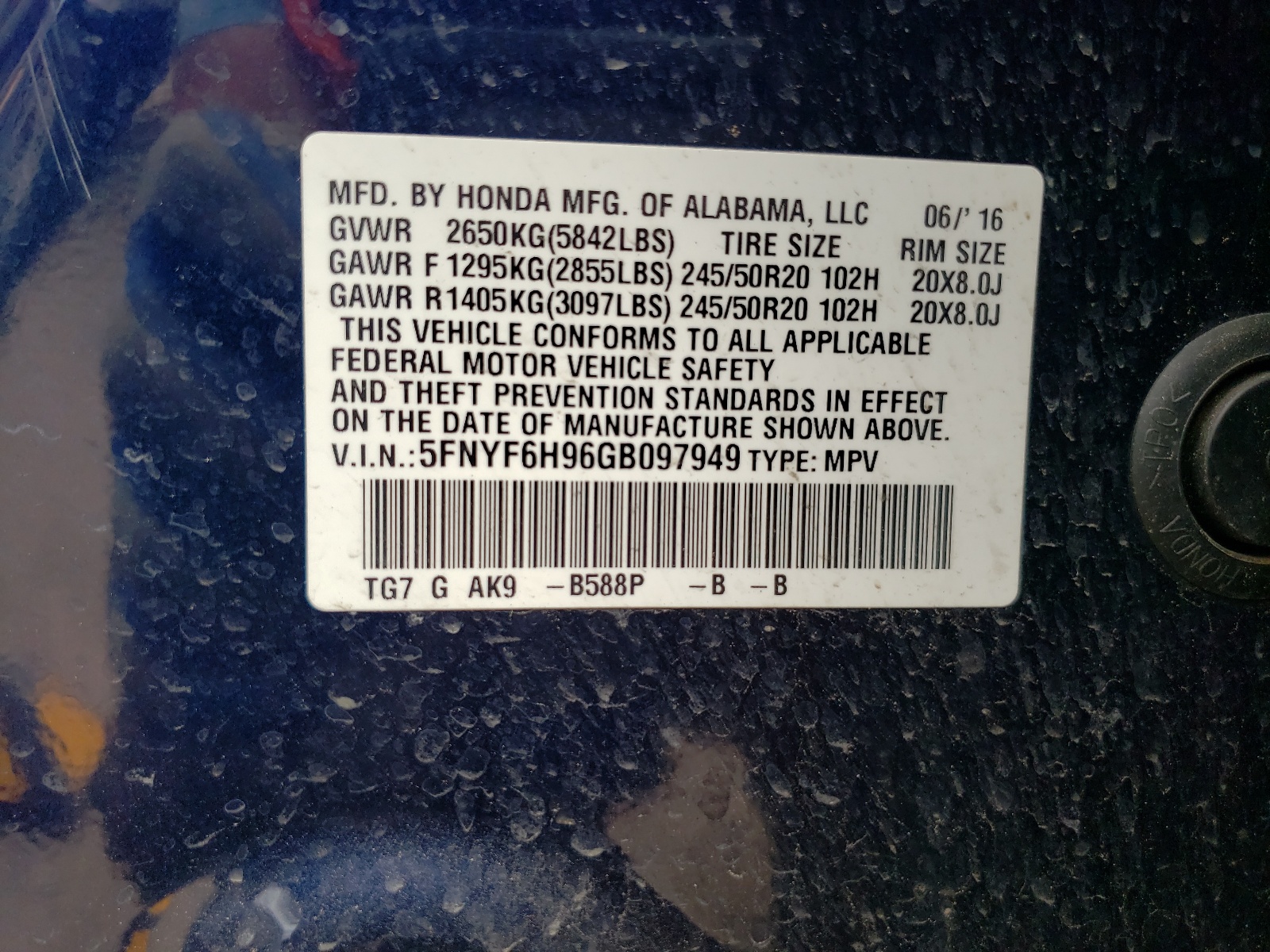 5FNYF6H96GB097949 2016 Honda Pilot Touring