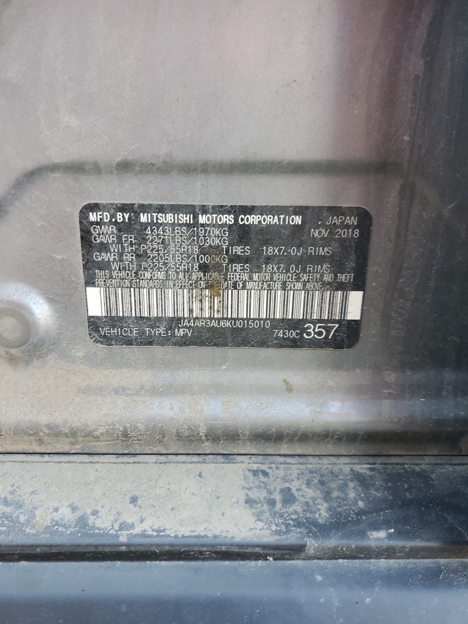 JA4AR3AU6KU015010 2019 Mitsubishi Outlander Sport Es