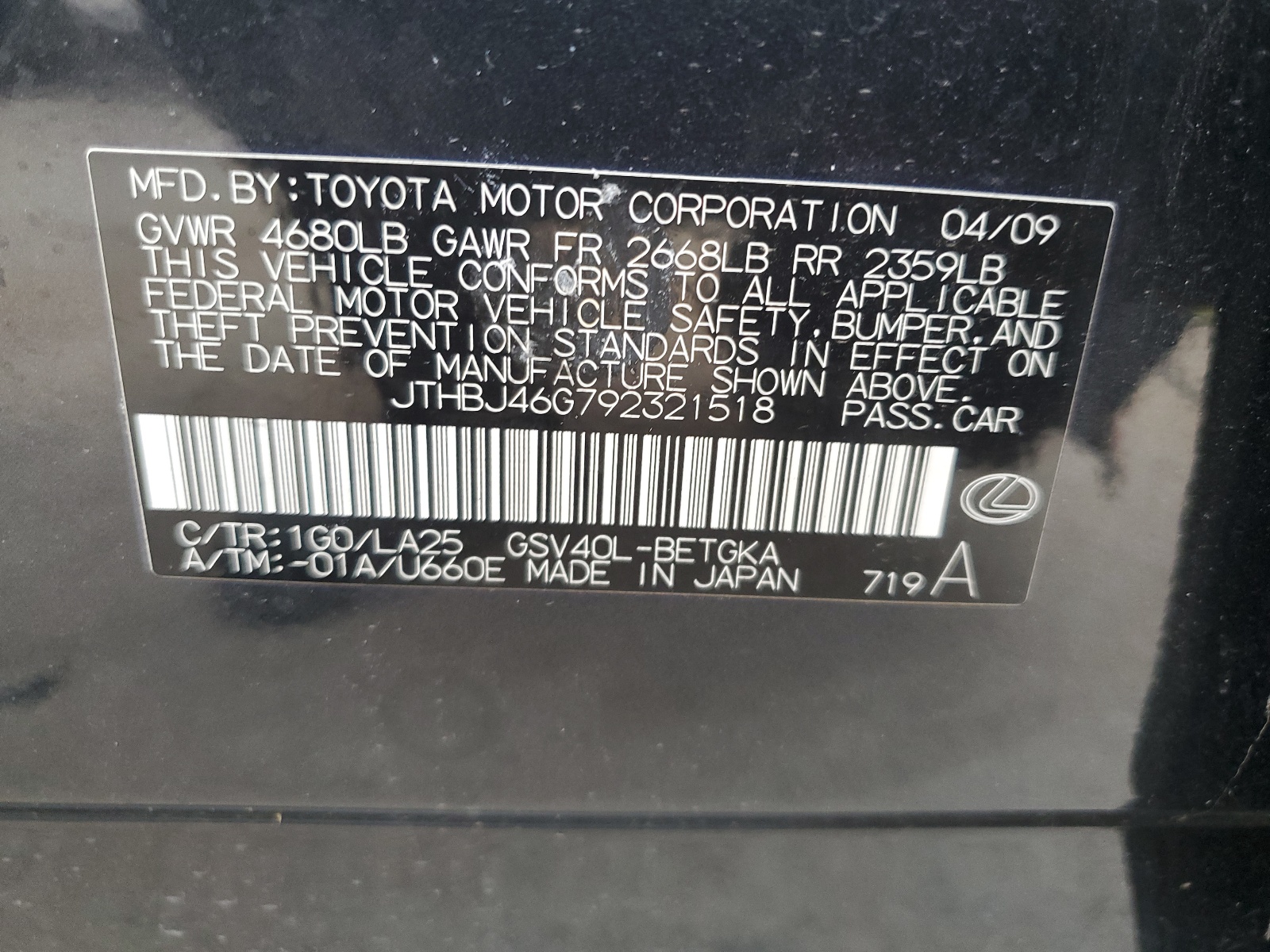 JTHBJ46G792321518 2009 Lexus Es 350